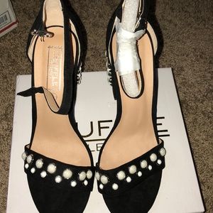 Pearl embellished block heel